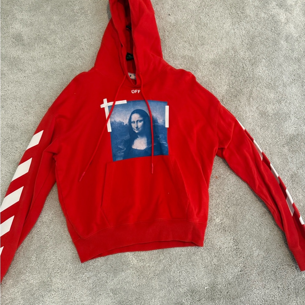 Red Off White Hoodie with Mona Lisa Print